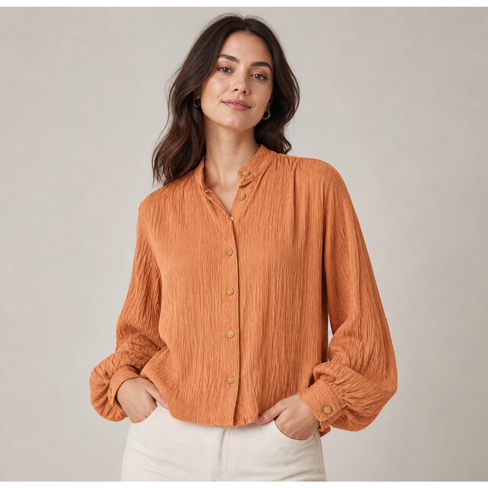 VTG Carlo Moda blouse button down shirt womens M crinkle mandarin collar orange